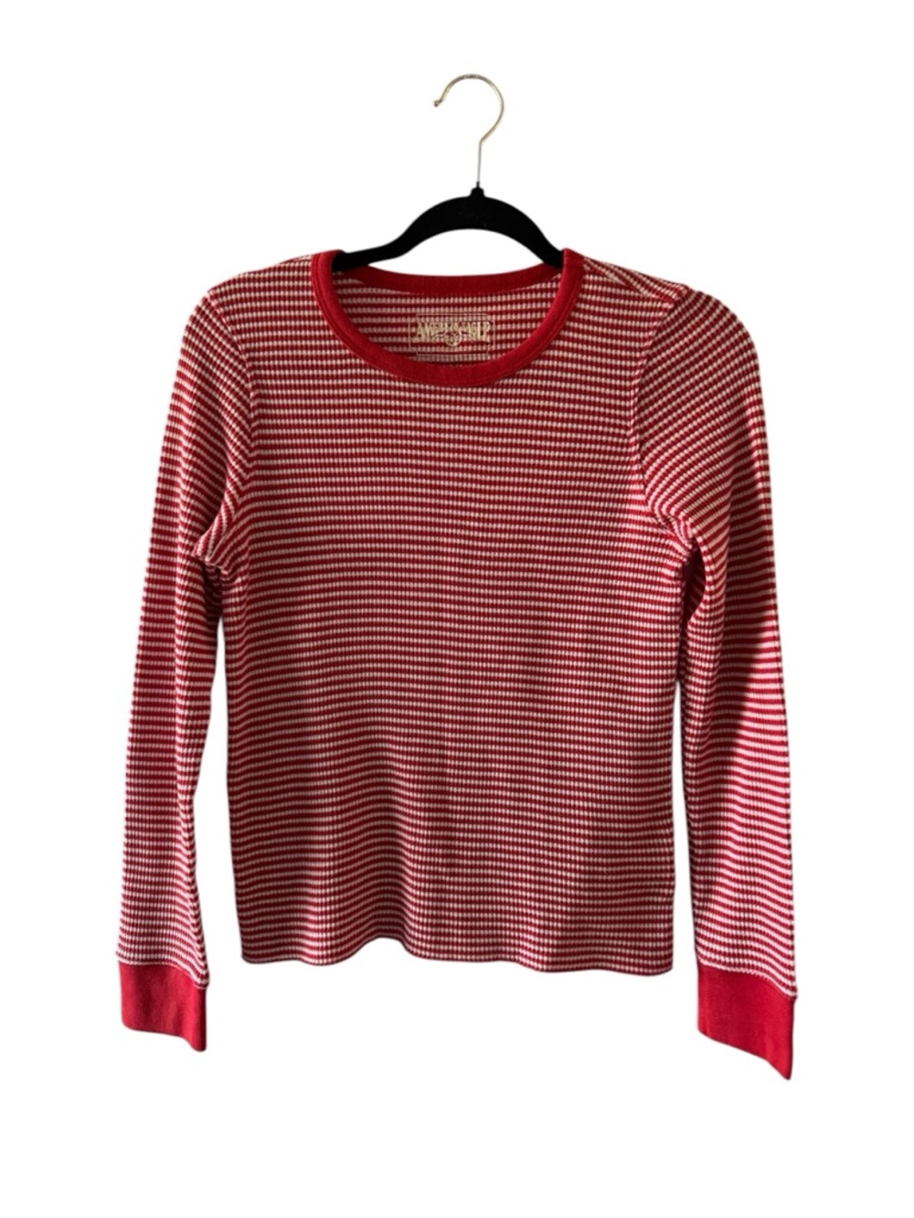 American Eagle Outfitters Red & White Striped Long-Sleeve Crewneck Termal Waffle